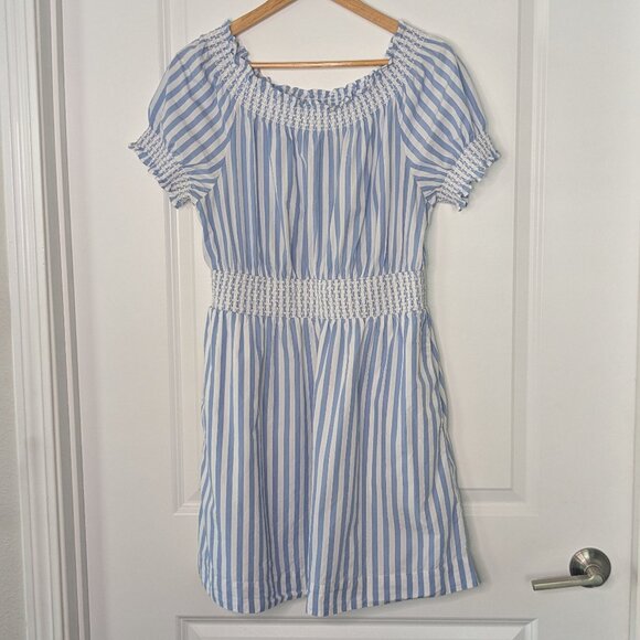 J Crew Mini Dress Women's Medium Blue White Stripe Off-Shoulder Smocked Poplin - Picture 8 of 14